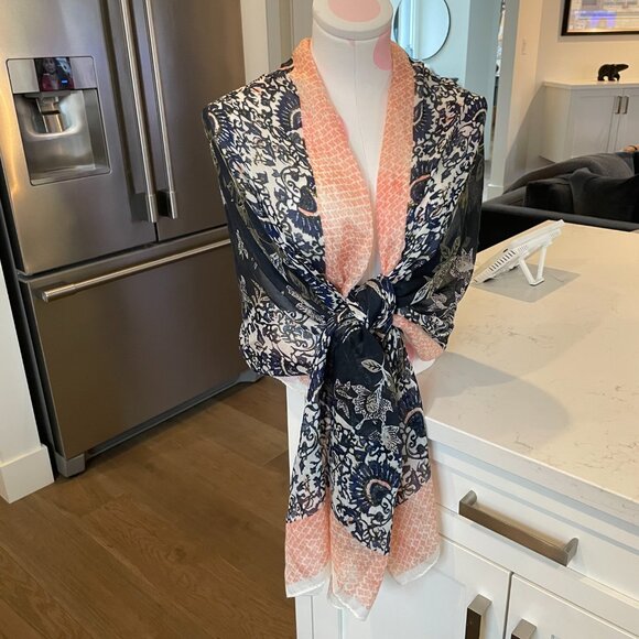 Tory Burch Inspired Lightweight Nature Print Viscose Blend Scarf Navy Peach OS - Picture 3 of 12